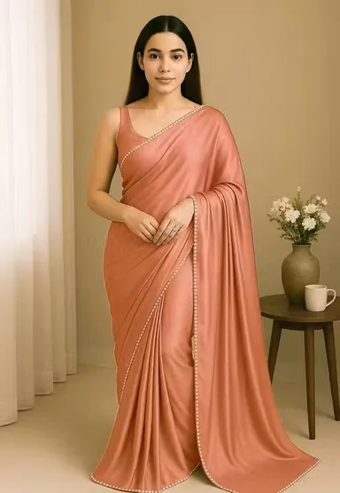 Women's Satin Silk Saree with Pearl Border | Elegant Peach Saree | Party Wear Saree | Festive Saree  Office Saree | Saree with Blouse thumbnail 0