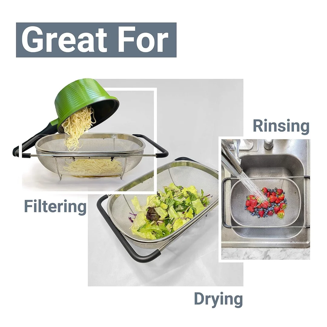 Vrutwa Over The Sink Colander Strainer Basket Stainless Steel | Expandable Fine Mesh Strainer for Kitchen Sink | Rubber Grip | Large |Pasta & Vegetable Strainer image 2