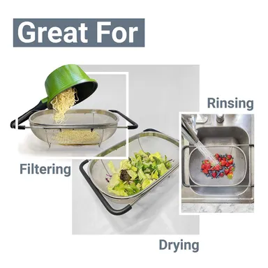 Vrutwa Over The Sink Colander Strainer Basket Stainless Steel | Expandable Fine Mesh Strainer for Kitchen Sink | Rubber Grip | Large |Pasta & Vegetable Strainer thumbnail 1