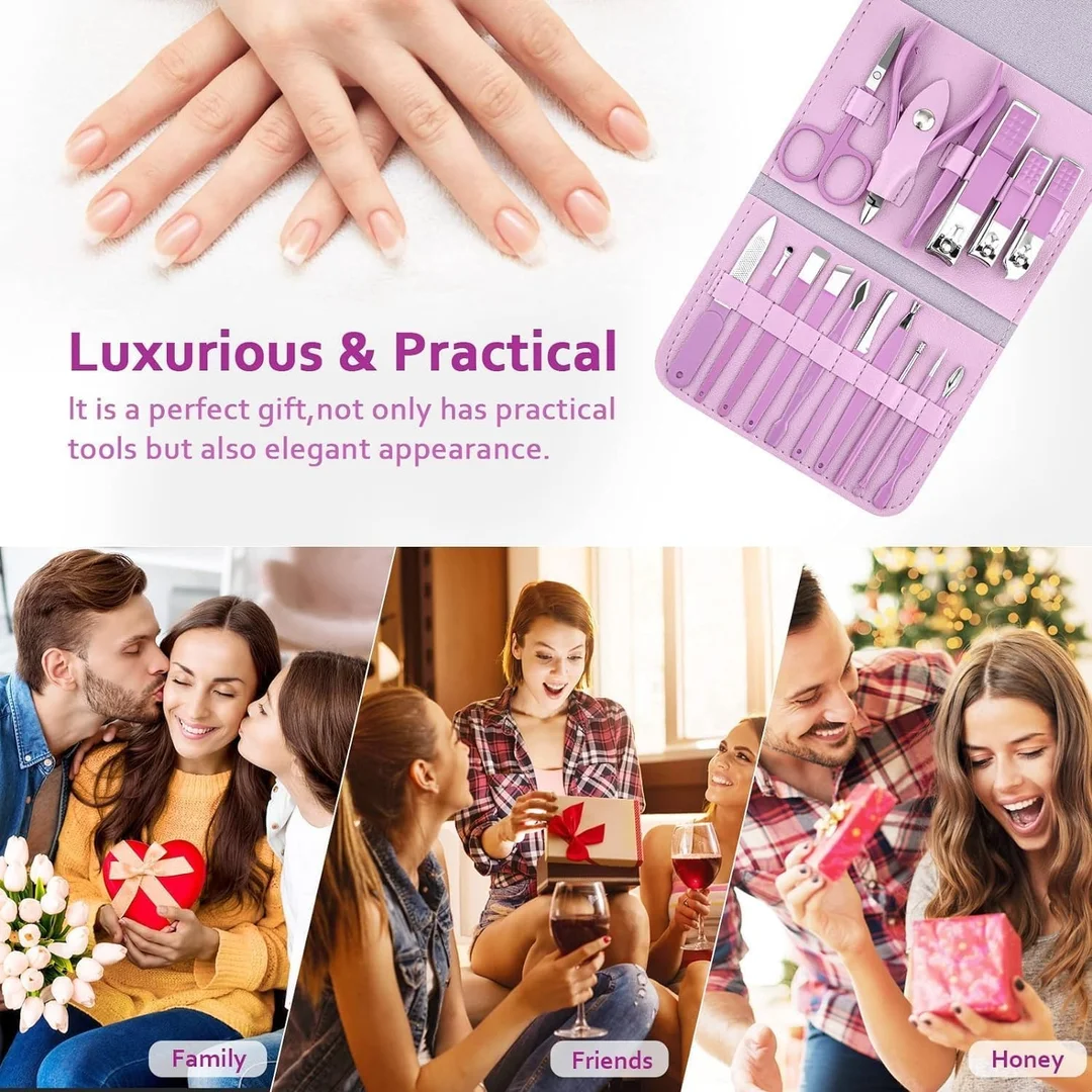 Vrutwa 16 Piece Manicure Set | Stainless Steel Nail Clippers Grooming Kit with Case Tweezers Scissors Ear Spoon image 6