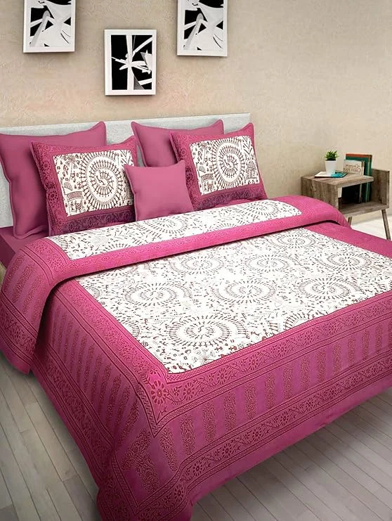 Pure Cotton Double Bed Sheet with 2 Pillow Covers | Vibrant & Elegant Ethnic Motifs Print | Classic Home Linen for Bedroom Décor | Double Size image 1