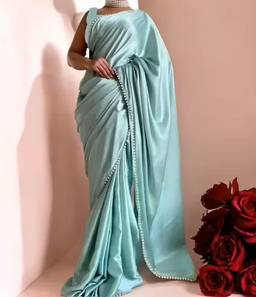 Women's Solid Satin Silk Saree| Light Blue Pearl Lace Border | Unstitched Blouse | Party Wear Saree | Elegant Satin Saree | Pearl Embellished Saree image 1