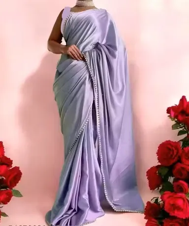 Women's Solid Satin Silk Saree | Lavender Pearl Lace Border Saree |  Satin Silk Saree with Unstitched Blouse| Elegant Saree for Party & Wedding thumbnail 0