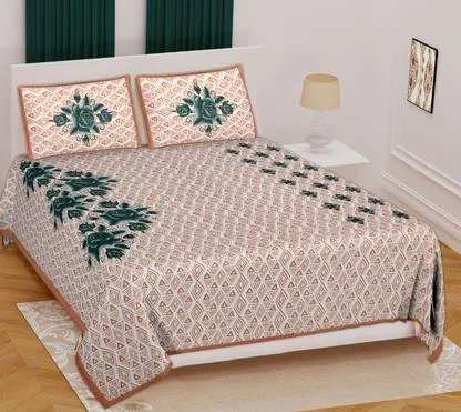 Cotton Queen Flat Bedsheet Jaipuri Prints 180 TC | Soft Durable Double Bed Sheet with Pillow Covers | Jaipuri Cotton Bedsheet image 1