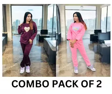 Velvet Pink Women Night Suit Combo | Soft Winter Pyjama Set | M Size  thumbnail 0