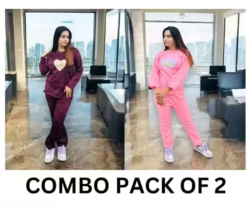 Velvet Pink Women Winter Night Suit Set | Combo Nightwear | Cozy Partywear | XL Size image 1