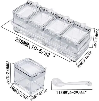 Vrutwa 4 Pc Plastic Crystal Seasoning Set | Acrylic Pepper Salt Spice Rack With Spoons | Kitchen Storage Containers | Dining Table Spice & Pickle Organizer | Transparent thumbnail 4
