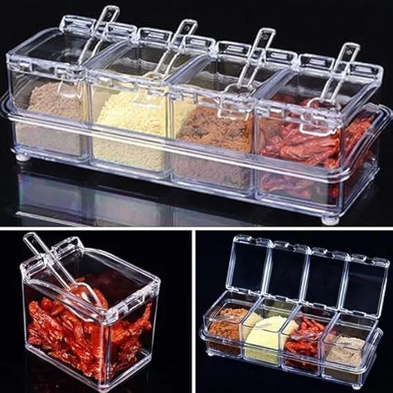 Vrutwa 4 Pc Plastic Crystal Seasoning Set | Acrylic Pepper Salt Spice Rack With Spoons | Kitchen Storage Containers | Dining Table Spice & Pickle Organizer | Transparent image 4