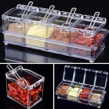 Vrutwa 4 Pc Plastic Crystal Seasoning Set | Acrylic Pepper Salt Spice Rack With Spoons | Kitchen Storage Containers | Dining Table Spice & Pickle Organizer | Transparent thumbnail 3
