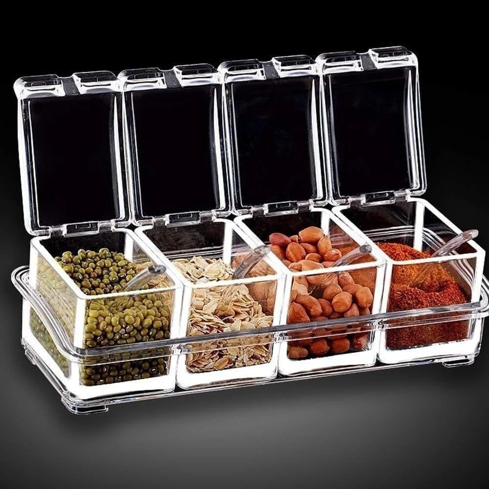 Vrutwa 4 Pc Plastic Crystal Seasoning Set | Acrylic Pepper Salt Spice Rack With Spoons | Kitchen Storage Containers | Dining Table Spice & Pickle Organizer | Transparent image 6