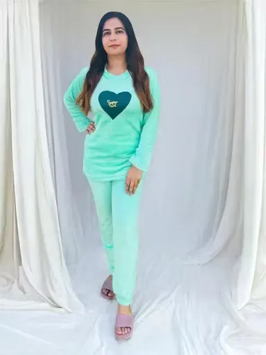 Women Winter Night Suit Mint Green | Woolen Top & Bottom Set | Cozy Sleepwear | M Size thumbnail 0