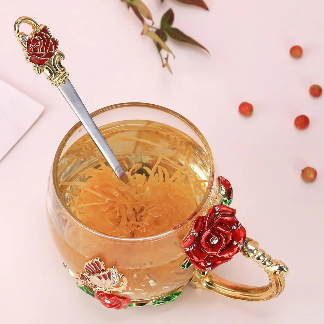 Vrutwa Enamels Glass Mug | Lead Free Glass Cup | Coffee Mug Tea Cup with Spoon | Handmade Butterfly Rose | Unique Gift for Couples Women Mom Friend | Wedding Anniversary Birthday Present image 2