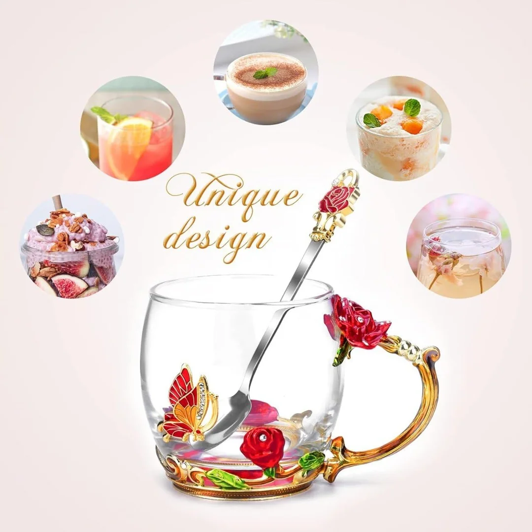 Vrutwa Enamels Glass Mug | Lead Free Glass Cup | Coffee Mug Tea Cup with Spoon | Handmade Butterfly Rose | Unique Gift for Couples Women Mom Friend | Wedding Anniversary Birthday Present image 3