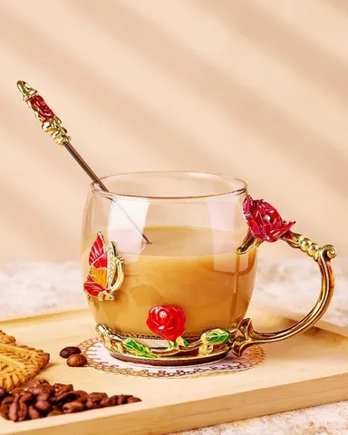 Vrutwa Enamels Glass Mug | Lead Free Glass Cup | Coffee Mug Tea Cup with Spoon | Handmade Butterfly Rose | Unique Gift for Couples Women Mom Friend | Wedding Anniversary Birthday Present thumbnail 3