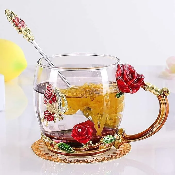 Vrutwa Enamels Glass Mug | Lead Free Glass Cup | Coffee Mug Tea Cup with Spoon | Handmade Butterfly Rose | Unique Gift for Couples Women Mom Friend | Wedding Anniversary Birthday Present image 1