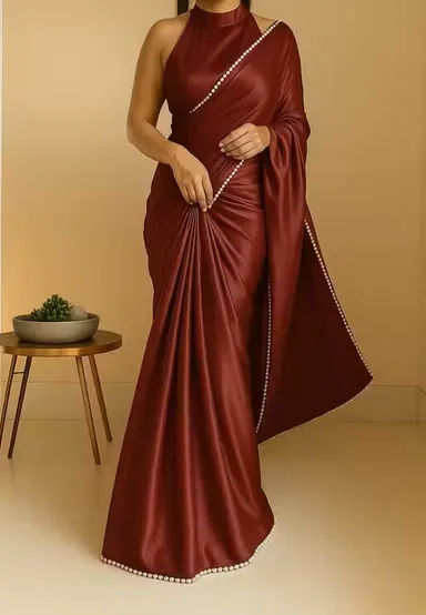 Women's Satin Silk Saree with Pearl Border | Maroon Saree with Blouse | Party Wear Saree for Women| Festive Silk Saree thumbnail 0