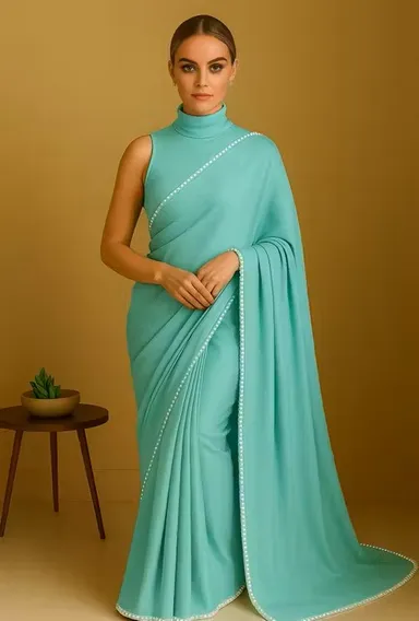Women’s Satin Silk Saree with Pearl Border | Light Blue Saree with Blouse | Party Wear Festive | Office Daily Wear thumbnail 0