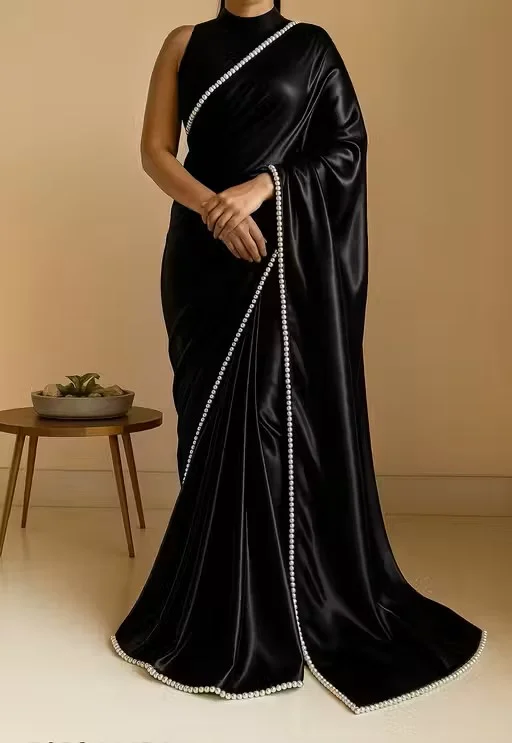 Women’s Satin Silk Saree with Pearl Border | Party Wear Festive | Office Daily Wear | Black Satin Saree image 1
