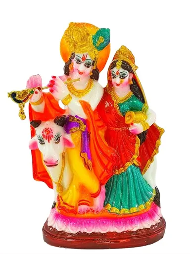 Radha Krishna Idol with Cow | Polyresin Handmade Multicolored Murti 17cm Figurine for Home Decor | Pooja Room, Wedding Gift thumbnail 0