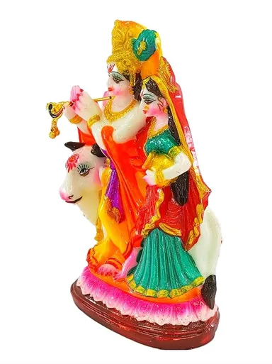 Radha Krishna Idol with Cow | Polyresin Handmade Multicolored Murti 17cm Figurine for Home Decor | Pooja Room, Wedding Gift thumbnail 1