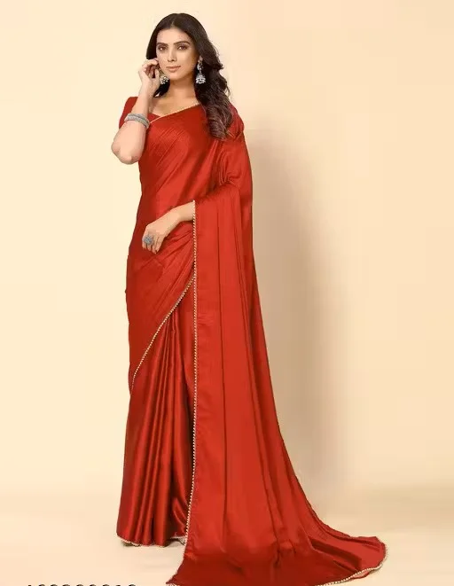 Women's Solid Japan Satin Silk Saree | All Over Pearl Lace Border| Unstitched Blouse | Red Color Saree for Wedding | Festive Party Wear image 1