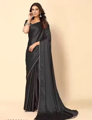 Women's Solid Japan Satin Silk Saree – Black | Pearl Lace Border| Unstitched Blouse Piece| Party Wear Saree for Women | Premium Satin Saree for Wedding| Traditional Events and Festive Occasions thumbnail 0