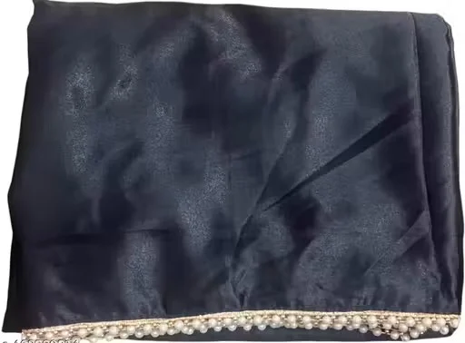 Women's Solid Japan Satin Silk Saree – Black | Pearl Lace Border| Unstitched Blouse Piece| Party Wear Saree for Women | Premium Satin Saree for Wedding| Traditional Events and Festive Occasions image 2