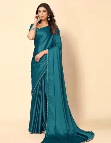 Women's Solid Japan Satin Silk Saree | Blue Pearl Lace Border | Unstitch Blouse | Elegant Satin Saree | Party Wear Saree | Bridal Silk Saree thumbnail 0