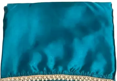 Women's Solid Japan Satin Silk Saree | Blue Pearl Lace Border | Unstitch Blouse | Elegant Satin Saree | Party Wear Saree | Bridal Silk Saree thumbnail 1