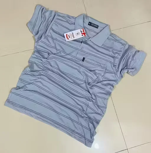 Men Cotton Collar T-Shirt with Pocket | Striped | Light Grey | Casual Everyday | L Size image 1