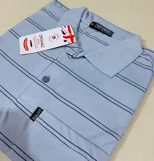 Men Cotton Collar T-Shirt with Pocket | Striped | Light Grey | Casual Everyday | L Size image 3