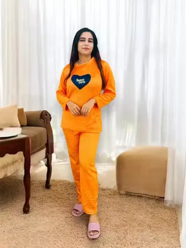 Orange Warm Woolen Winter Night Suit for Women | Heart Motif Pyjama Set | XL Size Winter Sleepwear