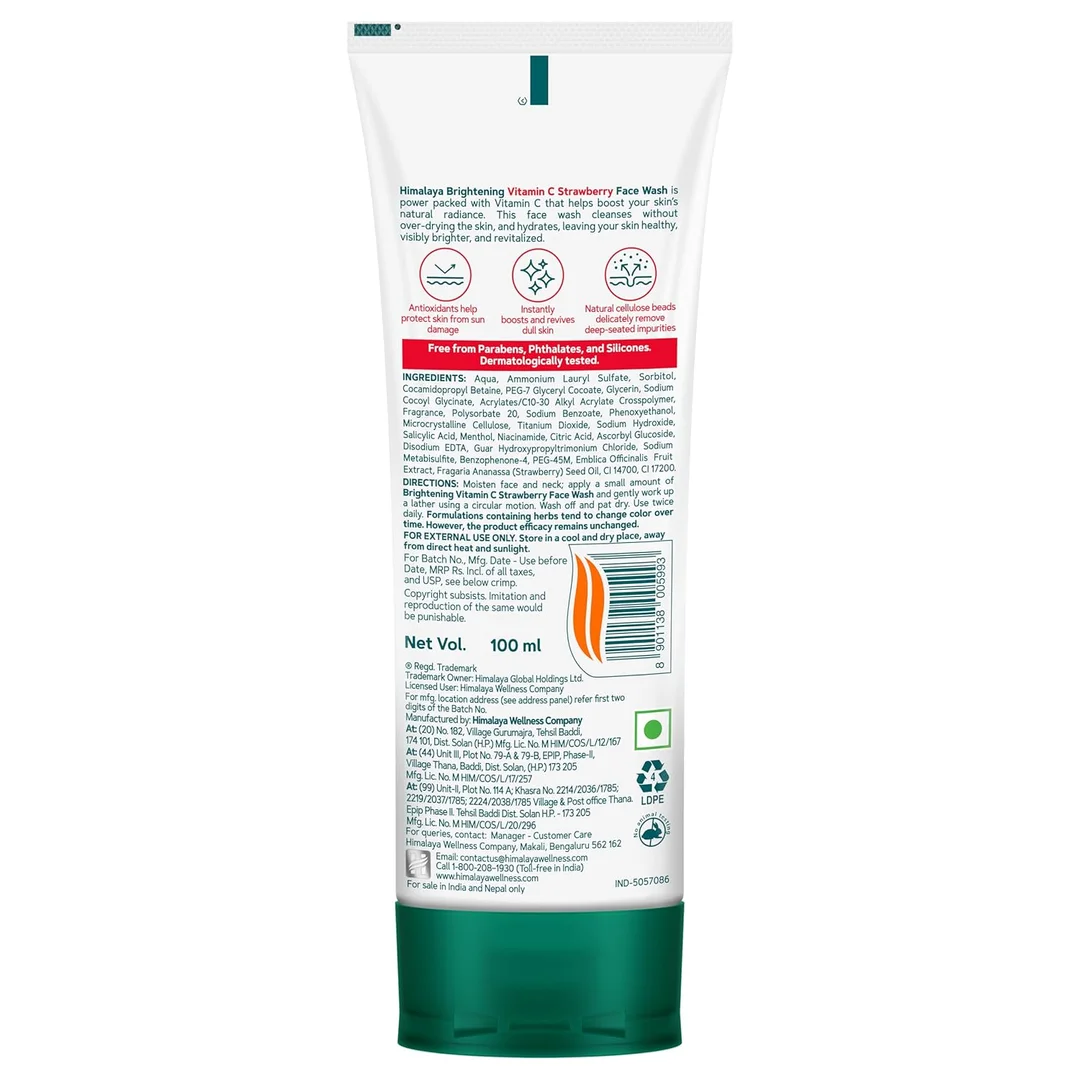 Himalaya Vitamin C Face Wash | Brightening Strawberry Cleanser | Remove Dull Skin | 100ml | For Sensitive & Dry Skin image 2