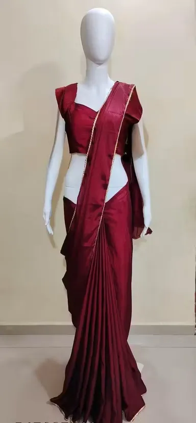 Maroon Satin Silk Saree with Pearl Border | Party Festive | Daily Wear thumbnail 0