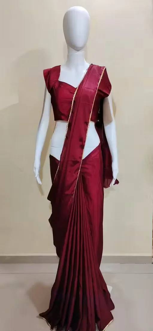 Maroon Satin Silk Saree with Pearl Border | Party Festive | Daily Wear image 2