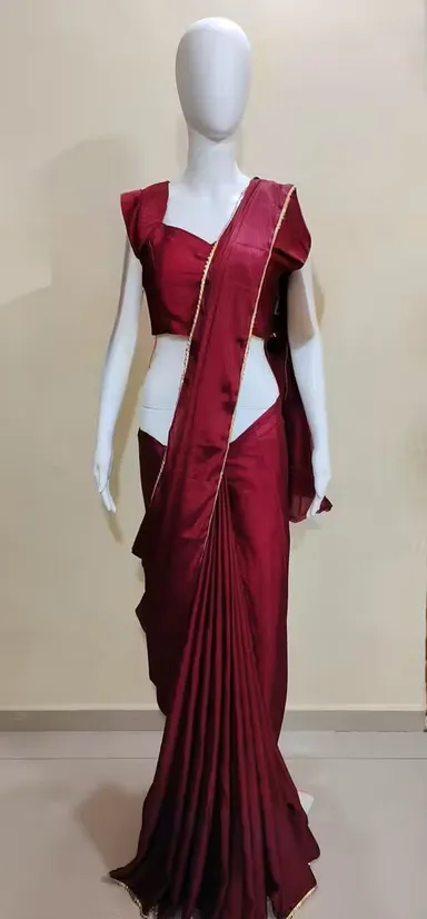 Maroon Satin Silk Saree with Pearl Border | Party Festive | Daily Wear thumbnail 1