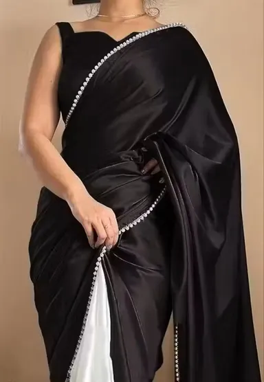 Women's Black  Japan Satin Saree | Half Half Designer Border Saree| With Blouse Piece| Party Wear Soft Drape thumbnail 0