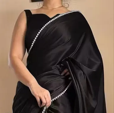 Women's Black  Japan Satin Saree | Half Half Designer Border Saree| With Blouse Piece| Party Wear Soft Drape thumbnail 1