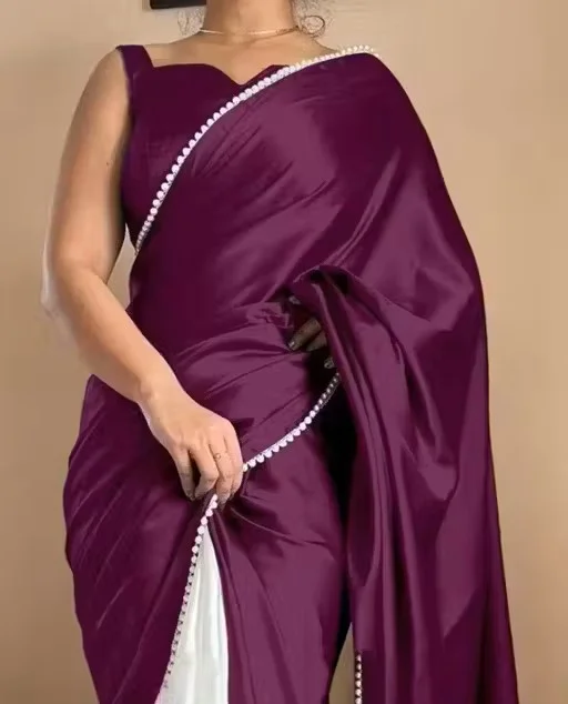 Womens Japan Satin Half Half Designer Border Saree | Purple With Blouse Piece | Elegant Traditional Wear | Festive Party Ready image 1