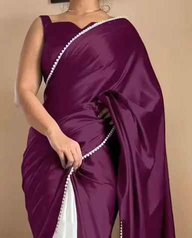 Womens Japan Satin Half Half Designer Border Saree | Purple With Blouse Piece | Elegant Traditional Wear | Festive Party Ready thumbnail 0