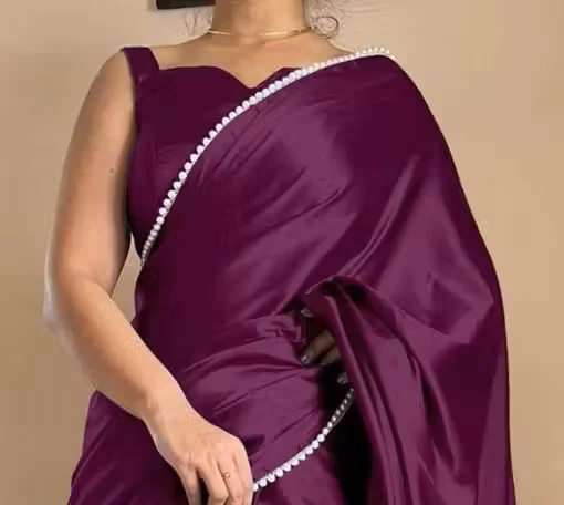 Womens Japan Satin Half Half Designer Border Saree | Purple With Blouse Piece | Elegant Traditional Wear | Festive Party Ready image 2