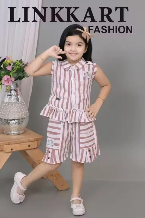 Girls Pink White Striped Cotton Sleeveless Top & Shorts Set | Summer Casual Toddler Outfit 3-4 Years image 1