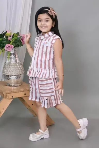 Girls Pink White Striped Cotton Sleeveless Top & Shorts Set | Summer Casual Toddler Outfit 3-4 Years thumbnail 3