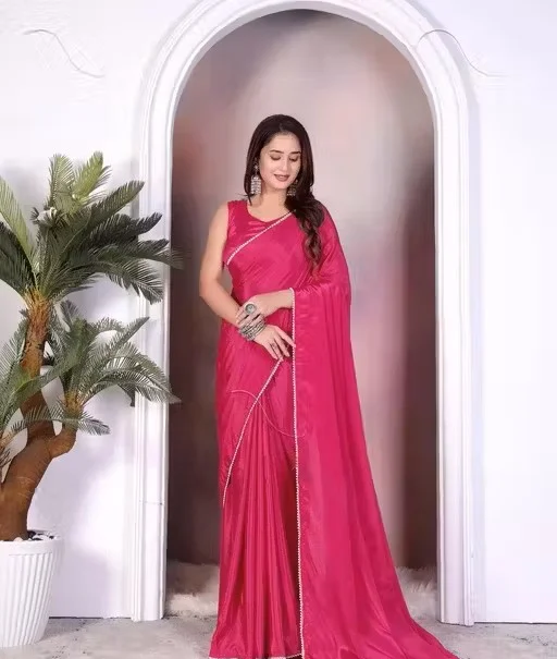 Women’s Satin Silk Saree with Pearl Border | Pink, Party Wear | Festive Saree | Office & Daily Wear Saree image 1