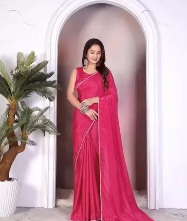 Women’s Satin Silk Saree with Pearl Border | Pink, Party Wear | Festive Saree | Office & Daily Wear Saree thumbnail 0