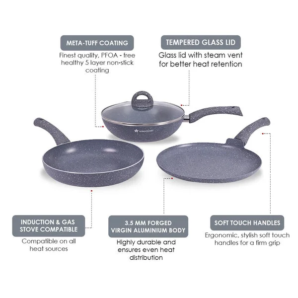 Granite Non-stick Cookware Set | 4Pc | Grey | Induction Compatible | PFOA-Free | Soft-Touch Handles image 13