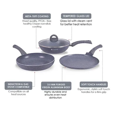 Granite Non-stick Cookware Set | 4Pc | Grey | Induction Compatible | PFOA-Free | Soft-Touch Handles thumbnail 12