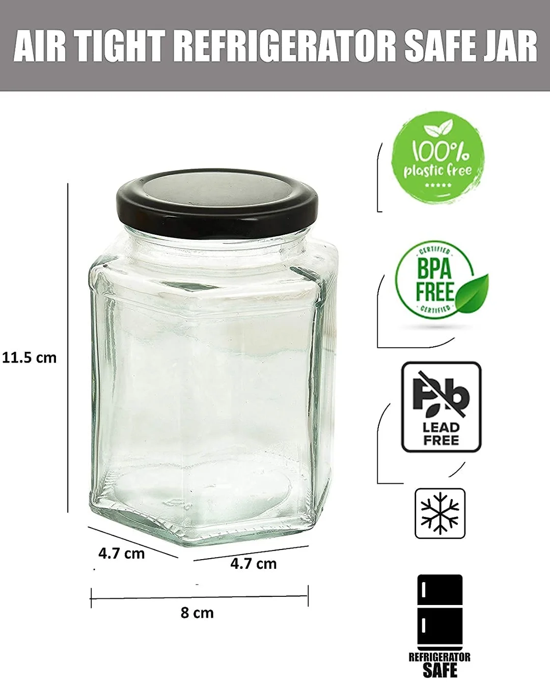 Vrutwa Transparent Glass Jar 400ml | Airtight Metal Lid Hexagon Container | Pack of 6 | Storage for Ghee, Pickle, Dry Fruits, Tea, Coffee, Sugar image 5