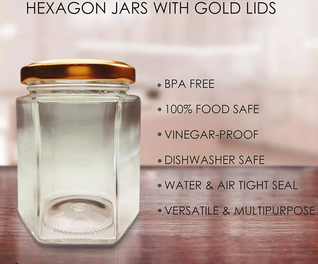 Vrutwa Transparent Glass Jar 400ml | Airtight Metal Lid Hexagon Container | Pack of 6 | Storage for Ghee, Pickle, Dry Fruits, Tea, Coffee, Sugar image 3