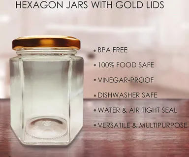 Vrutwa Transparent Glass Jar 400ml | Airtight Metal Lid Hexagon Container | Pack of 6 | Storage for Ghee, Pickle, Dry Fruits, Tea, Coffee, Sugar thumbnail 2